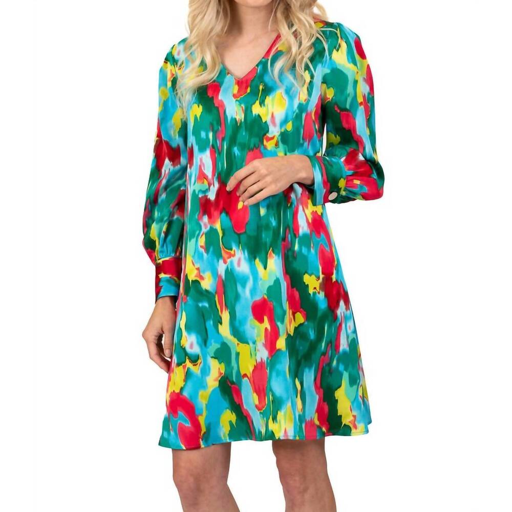NEW SCAPA LAUREN PERRE long sleeve abstract print sheath dress in multi color
